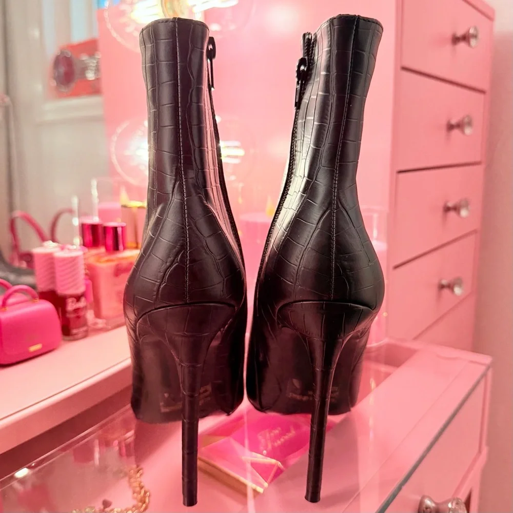 Black Croc-Embossed Stiletto Ankle Boots